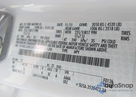 2016 Ford Escape Se z USA, uszkodzony, nr VIN 1FMCU0GX3GUB52129